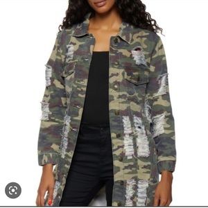 Thrill Jeans Womens Distressed Camo Denim Jacket Size M Green/Black Cotton NWT